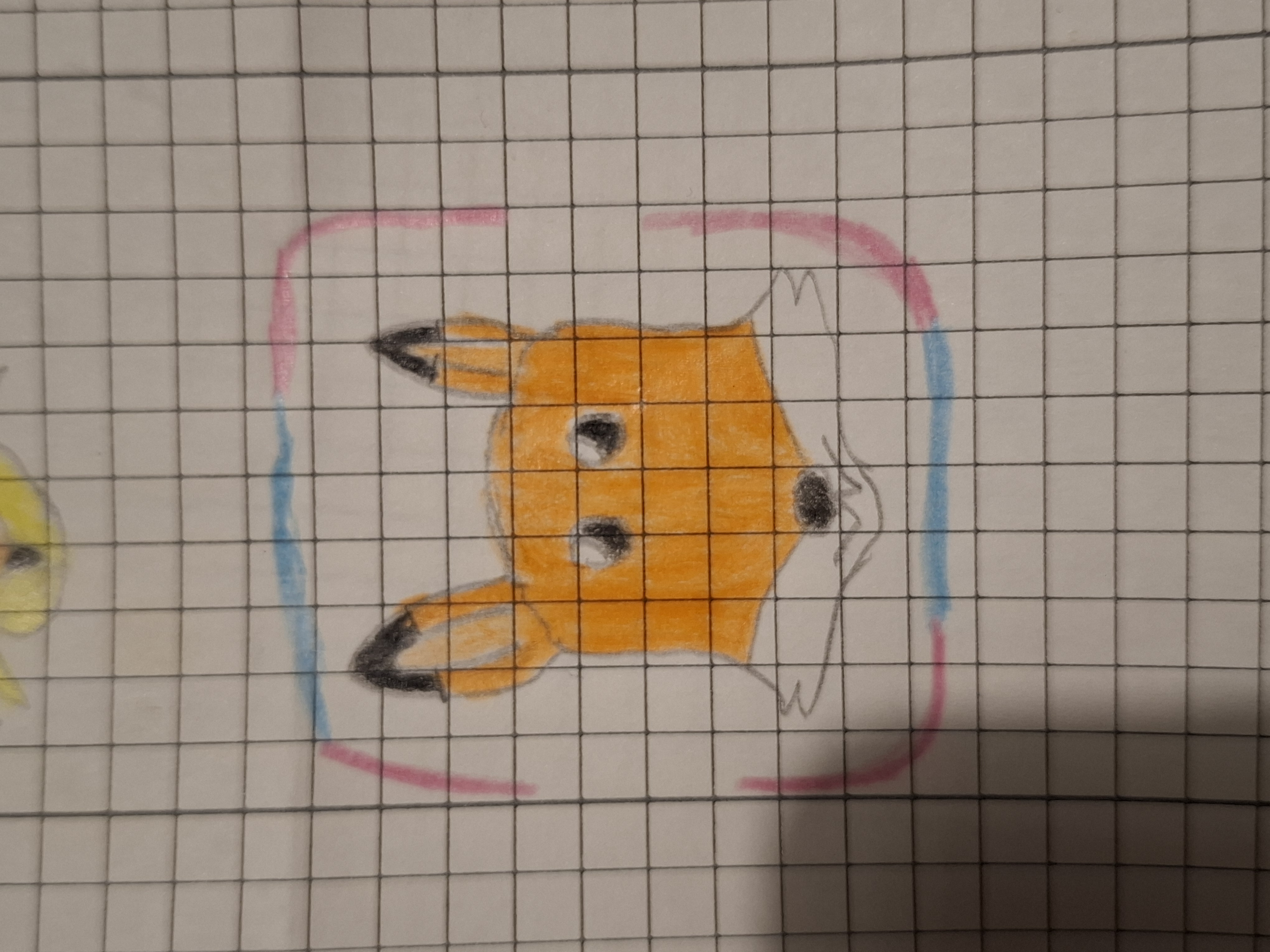 A drawing of a head of red fox outlined with trans flag colors around.